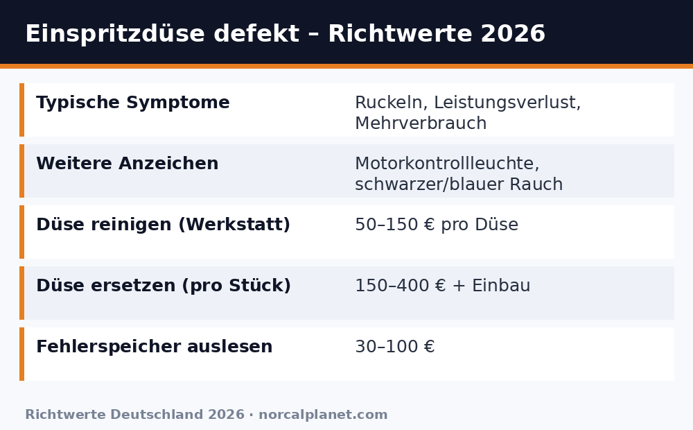 Faktenkarte: Einspritzdüse defekt – Symptome und Kosten als Richtwerte 2026