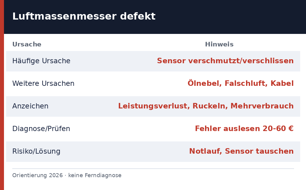 luftmassenmesser defekt symptome – Übersicht Richtwerte 2026