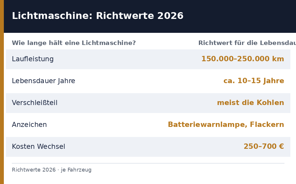 wie lange hält eine lichtmaschine – Übersicht Richtwerte 2026