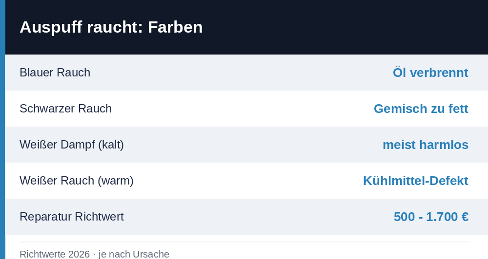 Auspuff raucht - Ursachen nach Farbe Übersicht 2026