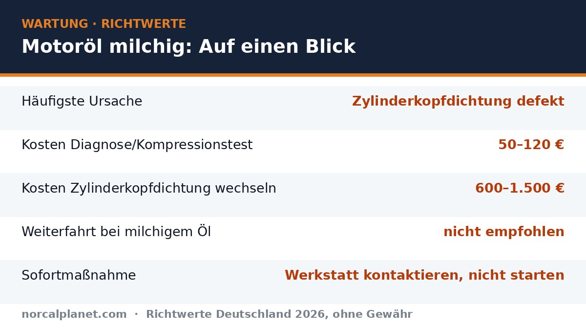 Motoröl milchig: Ursachen und was zu tun ist – Richtwerte 2026