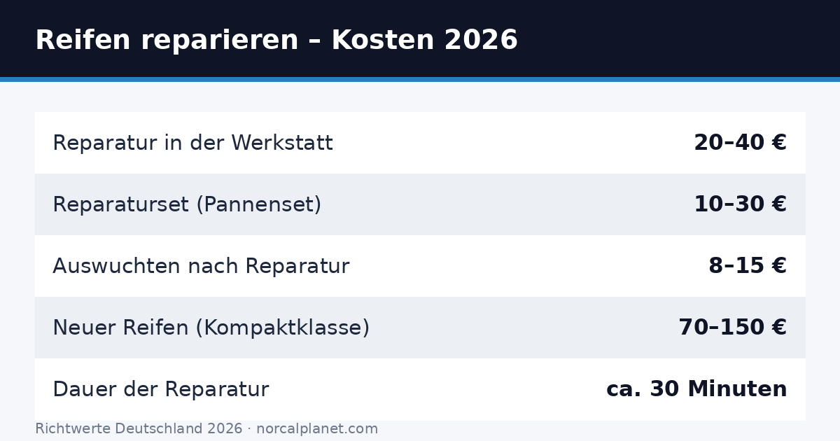 Faktenkarte: Kosten fuer die Reifenreparatur in Deutschland 2026