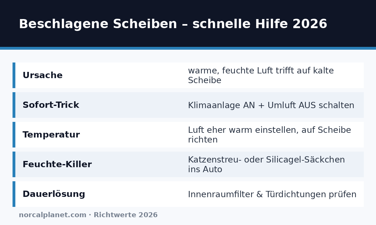 Faktenkarte: beschlagene Scheiben von innen – schnelle Hilfe und Ursachen 2026