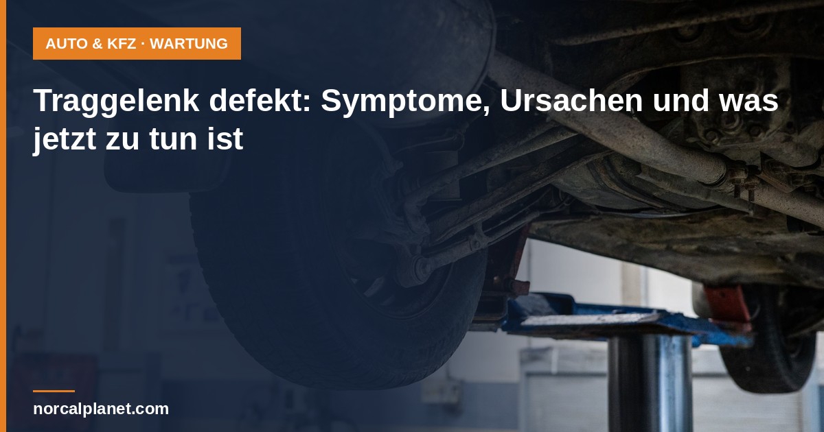 Mechaniker prueft Vorderachse und Traggelenk auf der Hebebuehne