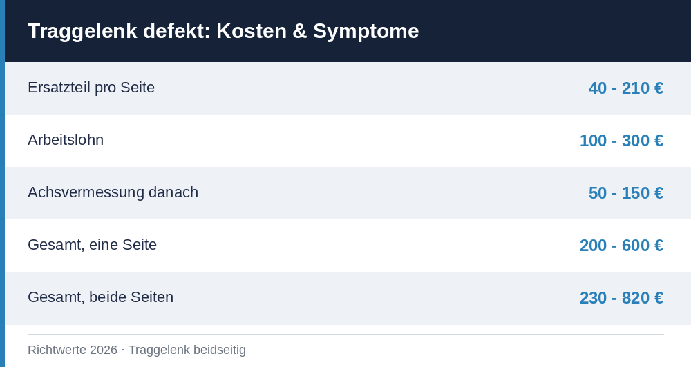 Traggelenk defekt - Symptome und Reparatur-Richtwerte 2026