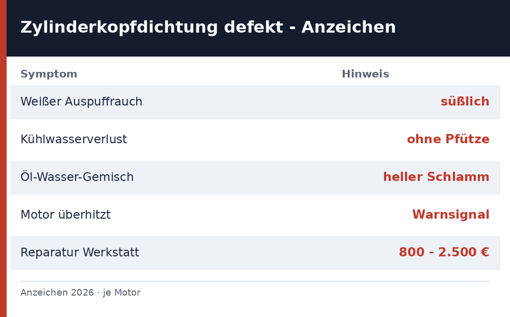 zylinderkopfdichtung defekt symptome - Anzeichen und Richtwerte 2026