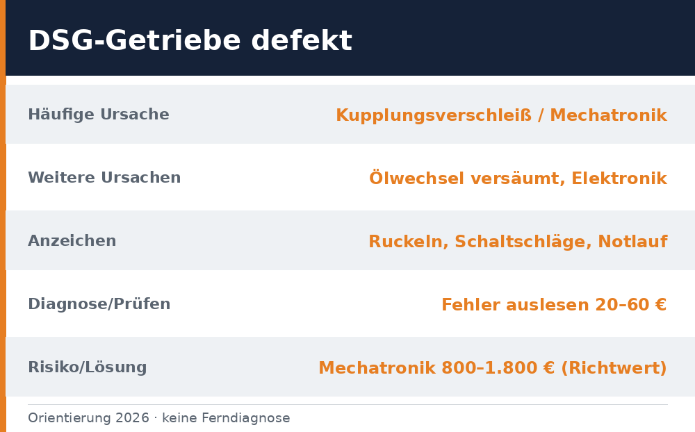 dsg getriebe defekt symptome – Übersicht Richtwerte 2026