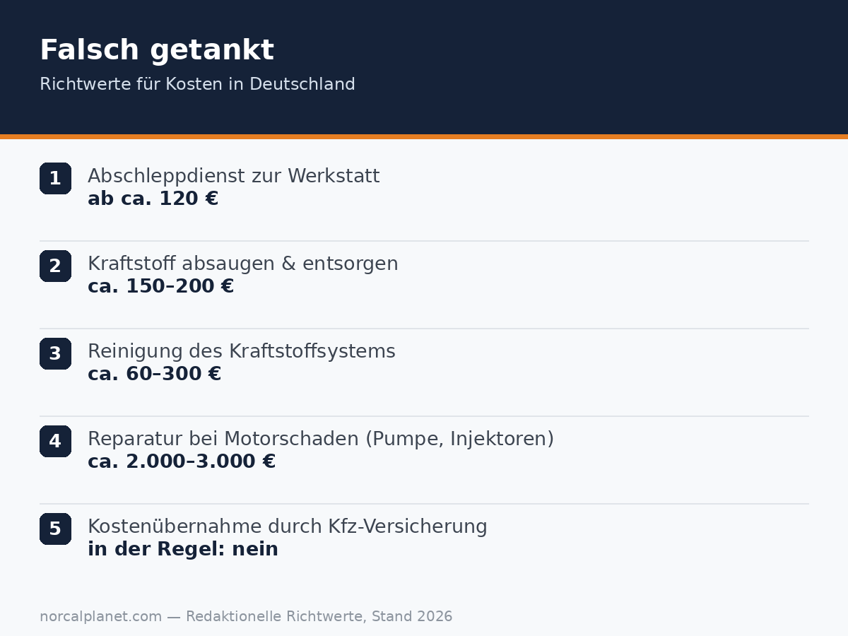 Uebersicht der Kosten bei einer Fehlbetankung in Deutschland