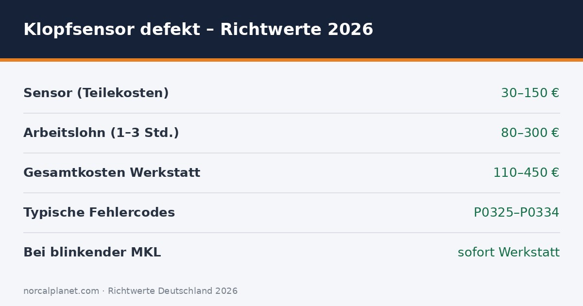 Richtwerte 2026 für Klopfsensor defekt: Kosten und Fehlercodes