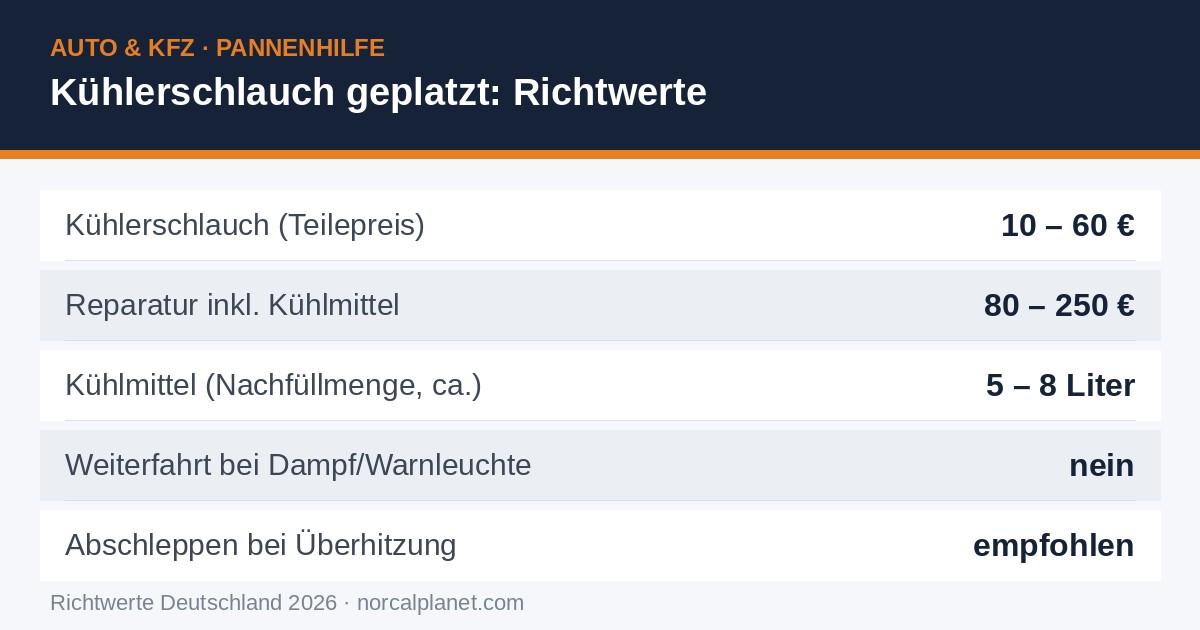 Faktenkarte: Kühlerschlauch geplatzt Richtwerte 2026