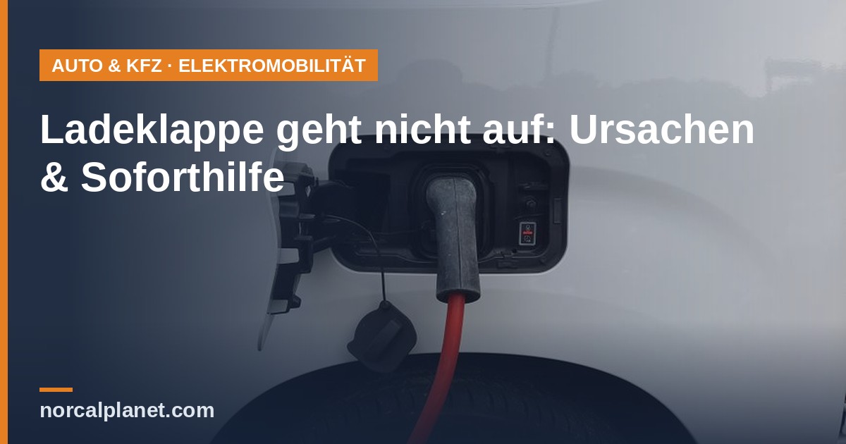 Ladeklappe eines Elektroautos mit eingestecktem Ladekabel, Nahaufnahme