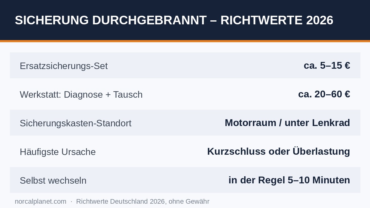 Faktenkarte: Richtwerte 2026 bei durchgebrannter Sicherung
